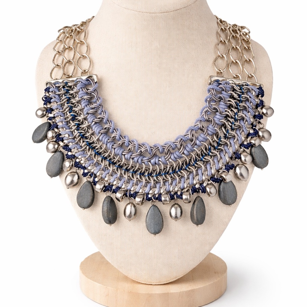 Chico's Azure Bib Necklace‎ NWT $79 Blue Silver Chunky Heavy Statement Fringe